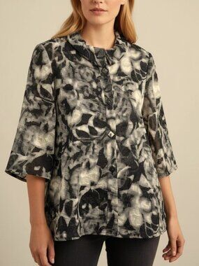 Yushi USA Abstract Floral Textured Jacket Black White Crinkle Button Front L
